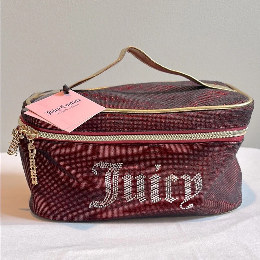 New with tags Juicy Couture glitter sparkly cosmetics case with rhinestone logo